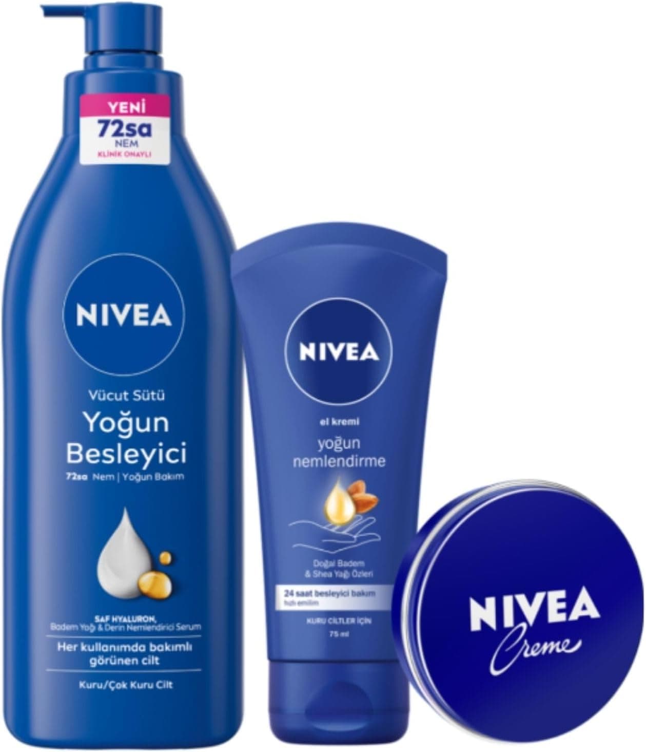 NIVEA Yoğun Nemlendirici El Kremi 75ml + Besleyici Vücut Sütü 400 ml + Nemlendirici Bakım Kremi 30 ml