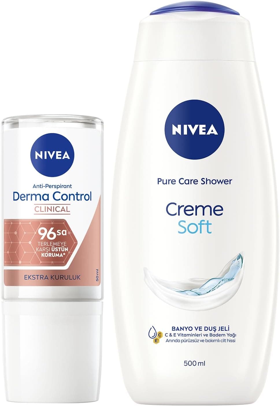 NIVEA Creme Soft Kremsi Dokunuş Banyo ve Duş Jeli 500 ml, Pro-Vitamin,Badem Yağı, Nemlendirme + NIVEA Derma Control Clinical Kadın Roll-on deodorant 50 ml,96 saat üstün koruma,Anti-perspirant