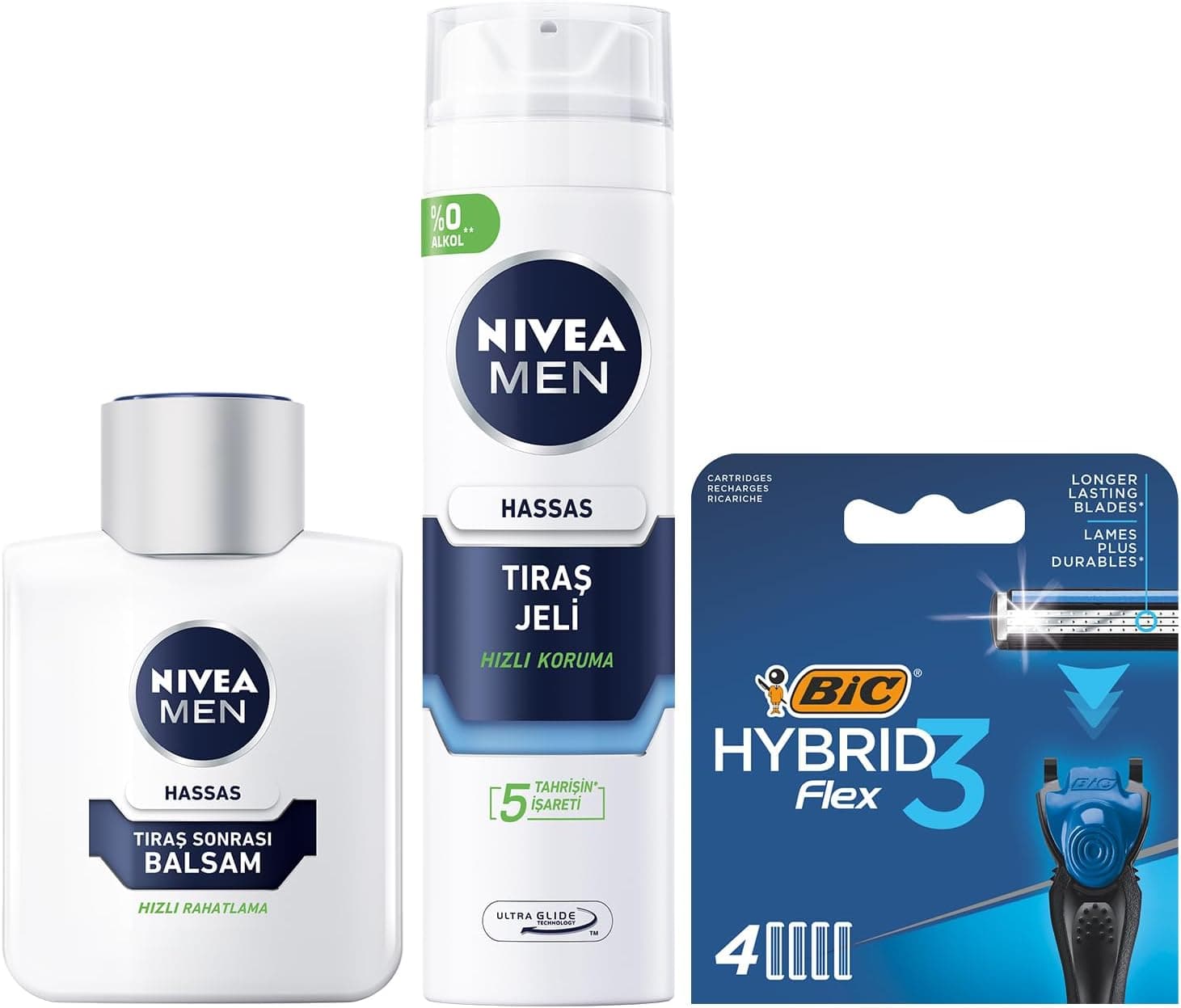 NIVEA MEN Erkek Hassas Tıraş Sonrası Balsam 100 ml, E Vitamini, Pro Vitamin, Alkolsüz, Hassas Ciltlere Özel + Tıraş Jeli 200 ml + BIC Hybrid 3 Flex 4lü Yedek Tıraş Bıçağı Kartuşu