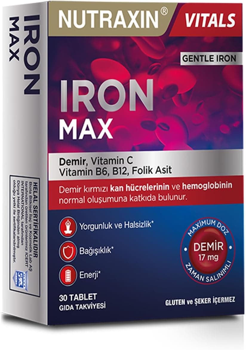 Nutraxin Iron Max 30 Tablet – Demir, C Vitamini, Folik Asit ve B12 Vitamini İçeren Takviye