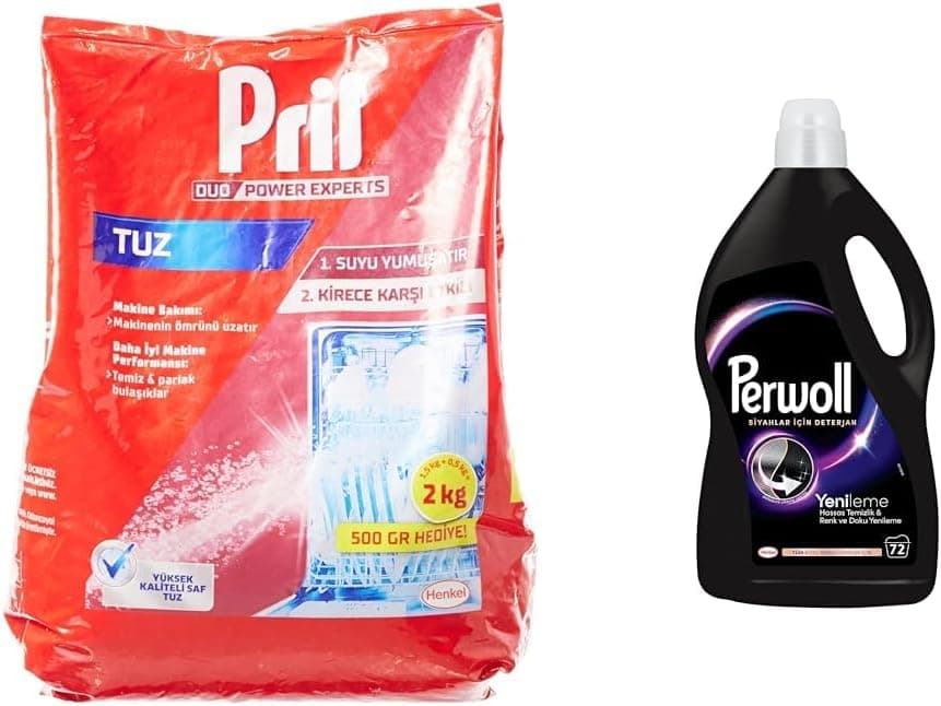 Pril Duo Power Experts Kirece Karşı Etkili Bulaşık Makinesi Tuzu (1 x 2000 g) + Perwoll Siyahlar için Hassas Sıvı Çamaşır Deterjanı 4 L 1 Paket (1 x 4000 ml)