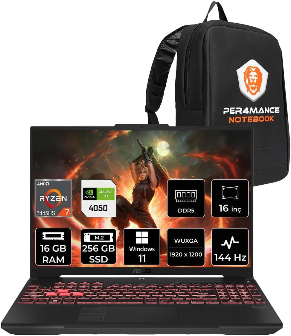 ASUS TUF A16 R7-7445HS 16GB 256GB SSD RTX4050/6GB 140W 16 FHD+ W11H Gaming Laptop FA607NUG & ÇANTA