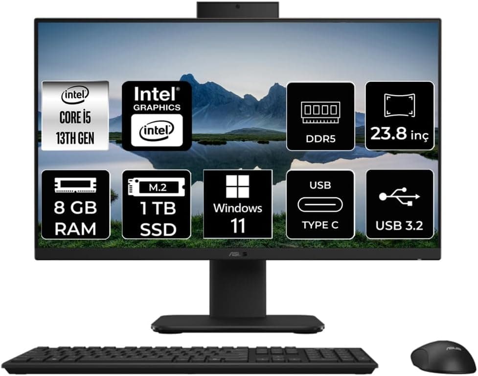 ASUS V440 Intel Core i5 13420H 8GB 1TB SSD 23.8" FHD W11P All in One Bilgisayar Siyah & USB Bellek