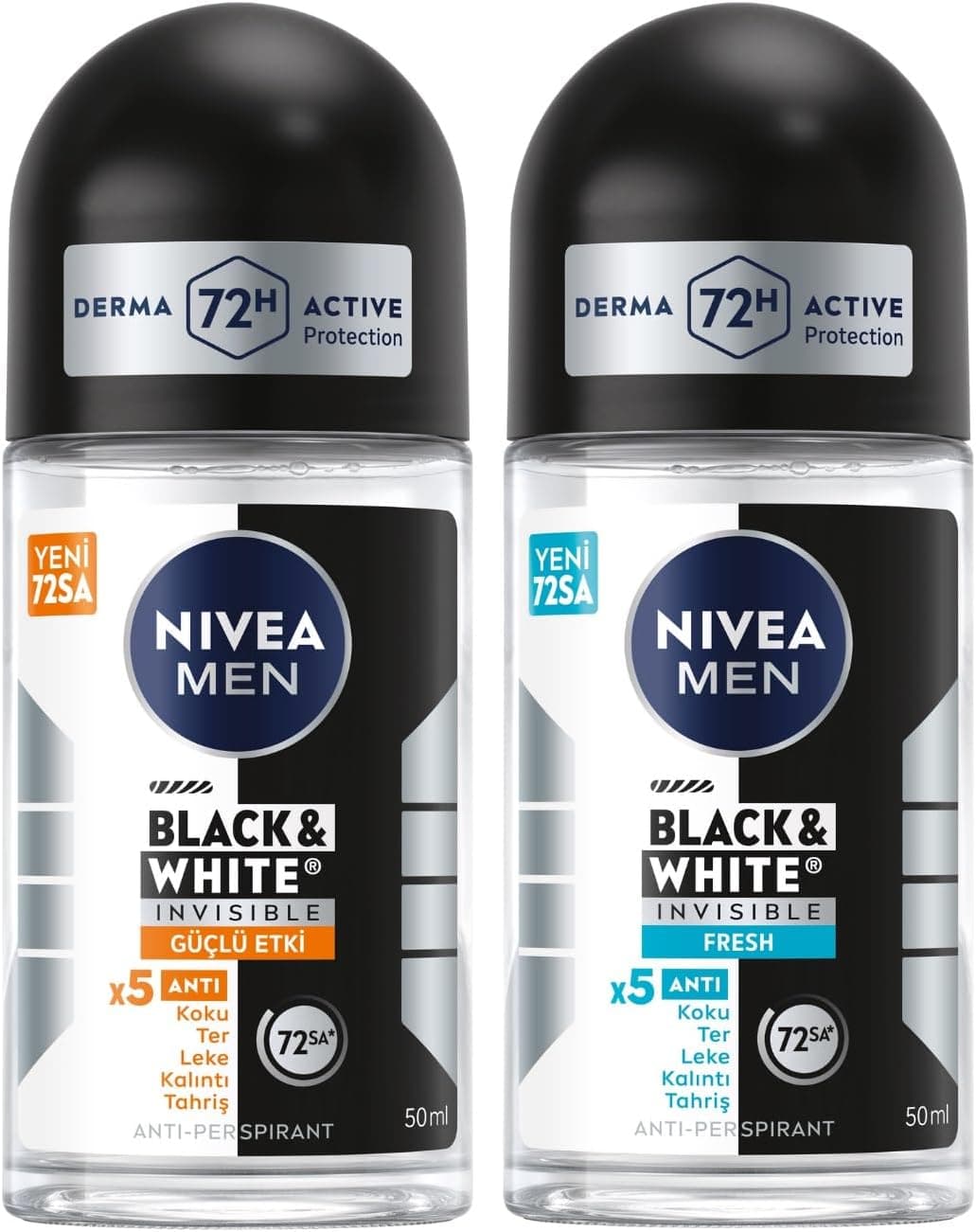 NIVEA Men Erkek Roll On Deodorant Black&White Invisible, 50 ml ve NIVEA Men Erkek Roll On Deodorant Black&White Invisible Fresh 48 Saat Anti-Perspirant Koruma, 50 ml