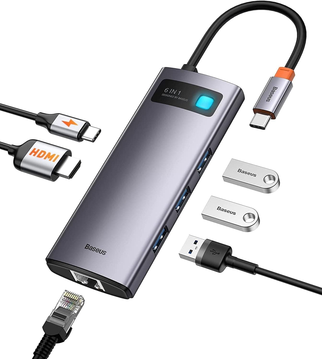 Baseus Metal Gleam 6 in 1, Çok Fonksiyonlu Bilgisayar/Telefon Hub Adaptörü, Gri, Bağlantı Sayısı: 6, Giriş: USB Type C, Çıkış: USB Type A 3.0 X 3, USB Type C (PD),Seyahat Boy