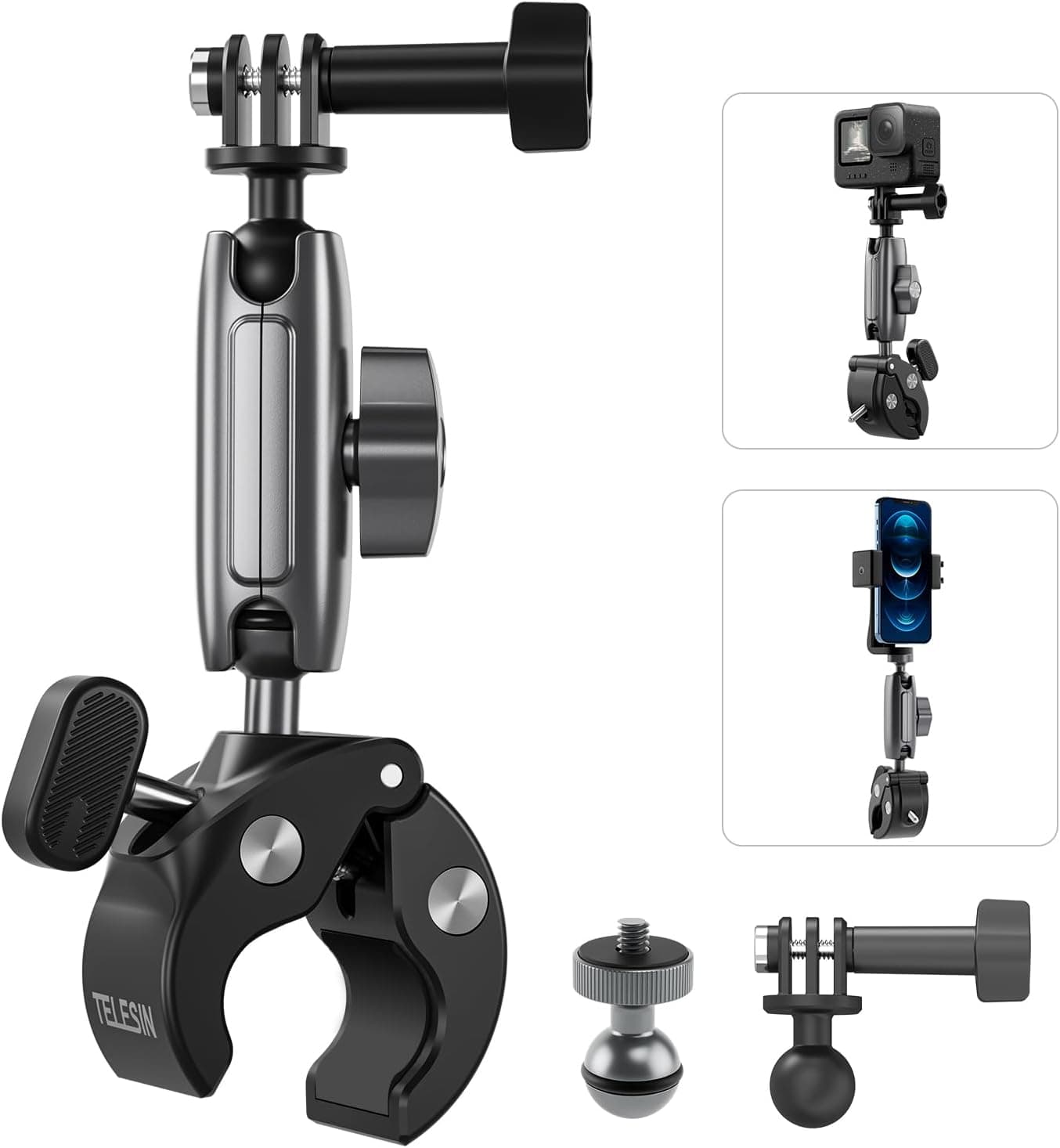 TELESIN Motosiklet Gidonu Bisiklet Montaj Kelepçeleri için GoPro Hero 13 12 11 10 9 DJI OSMO Action 5 Pro 4 3 Insta360,360° Çift Top Başlı Kelepçe Tutucu 1/4-20 mm Kamera ve Telefon için Adaptör