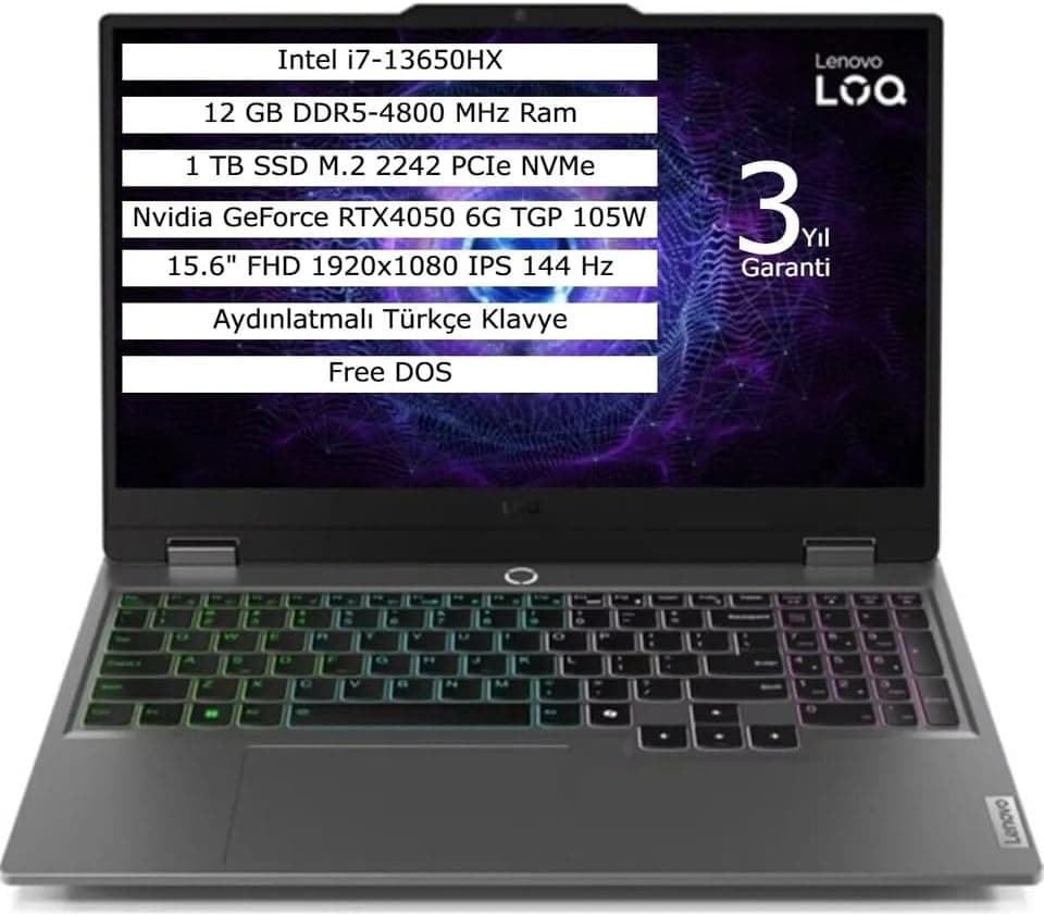 Lenovo LOQ Gaming Laptop, Intel Core i7-13650HX, 15.6 inç FHD IPS 144Hz, 12GB DDR5, 1TB SSD, RTX 4050 6GB, FreeDOS, Gri, Aydınlatmalı Klavye
