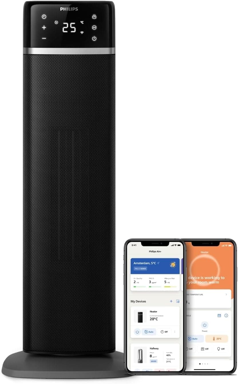 Philips 5000 Serisi Enerji Verimli Bağlantılı Kule Fan Isıtıcı, 2000W, enerjide%50ye kadar tasarruf, sıcaklık ekranı, 5 güvenlik özelliği, 4 mod, 60° salınım, sessiz, siyah & koyu gri (CX5120/11)