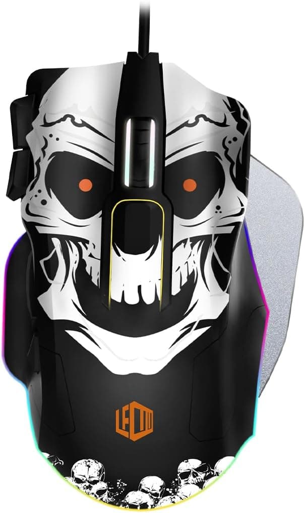 Lecoo MG1102 Kablolu RGB LED Aydınlatmalı 8200DPI 10 Makro Tuşlu Kuru Kafa Desenli Win Mac Gaming Optik Mouse ve Mouse Pad Siyah