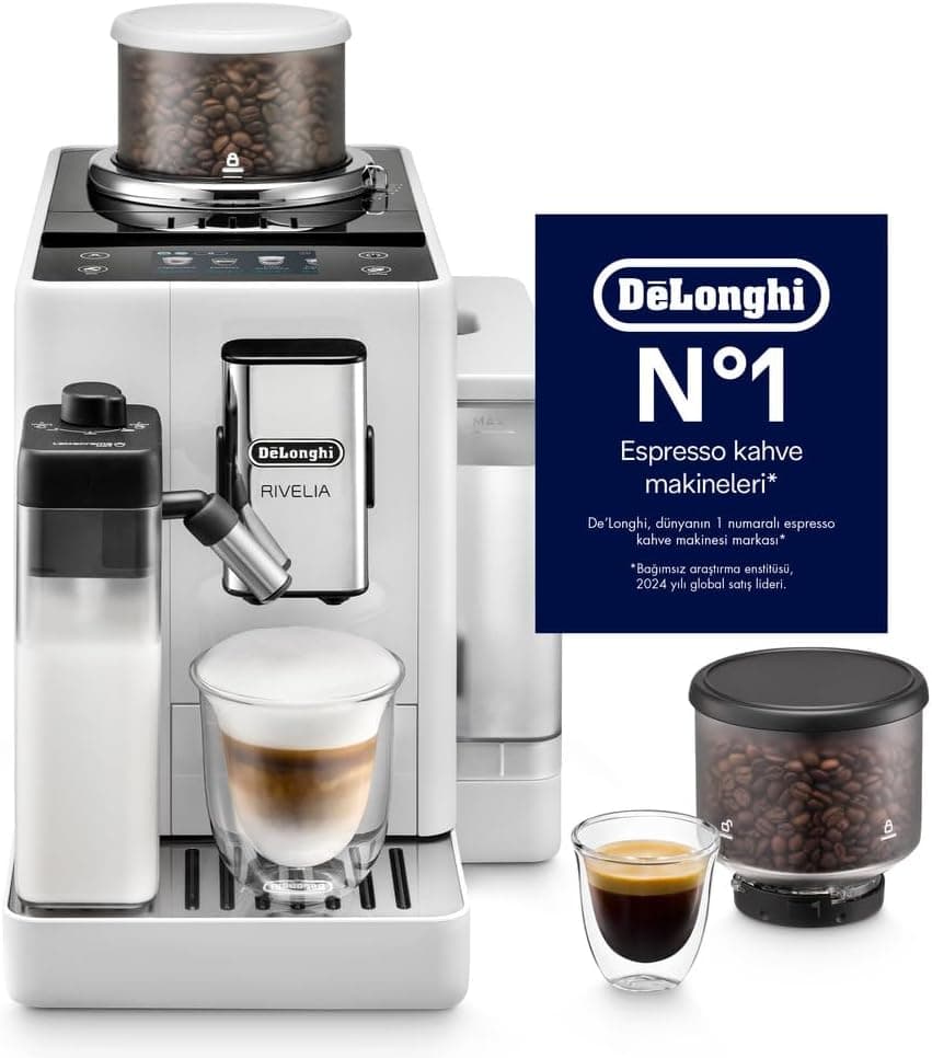 DeLonghi Rivelia EXAM440.55.W, Tam Otomatik LatteCrema Kahve Makinesi, Otomatik Süt Köpürtücü, Kompakt Boyut, Fasulyeden Bardağa Kahve Makinesi, 16 Tarif Renkli Dokunmatik Ekran, Kutup Beyazı