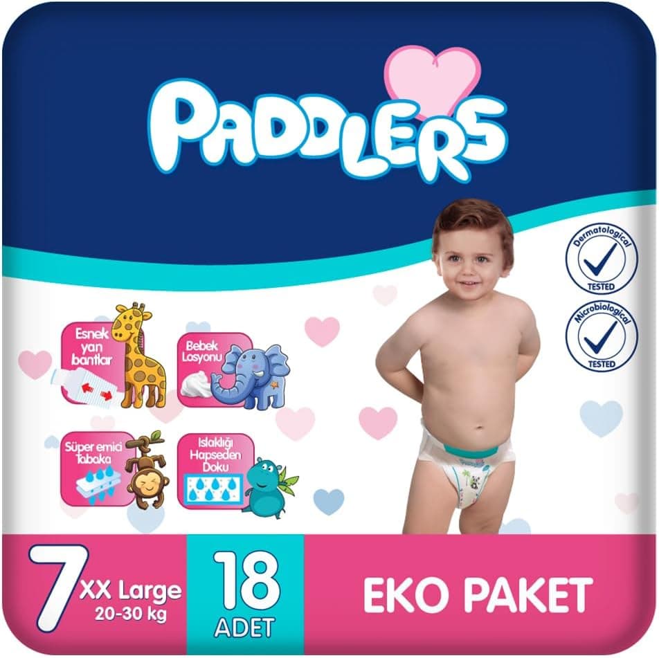 Paddlers Bebek Bezi 7 Numara XX-Large (20-30 Kg) 18 Adet – Eko Paket, Yüksek Emicilik