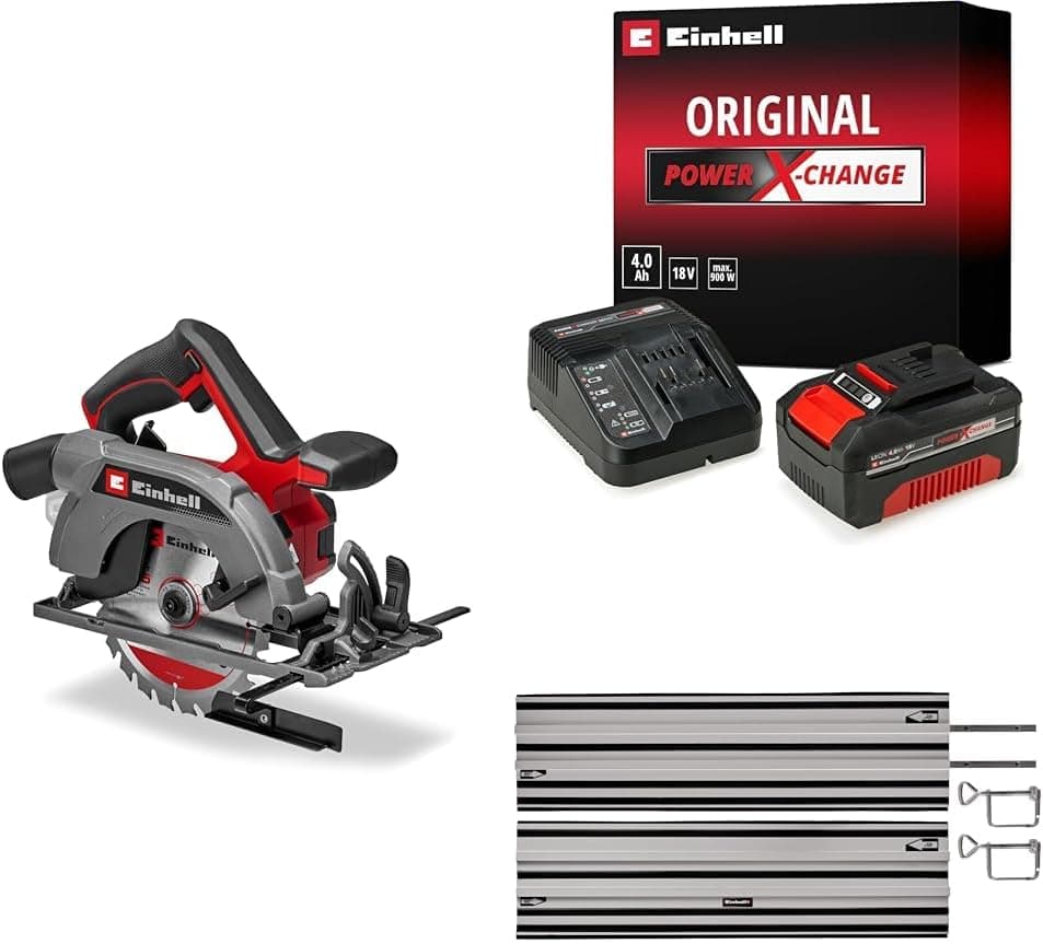 Einhell TE-CS 18/165-2 Li - Solo, Cordless Circular Saw + 18V 4,0 Ah PXC Starter Kit, Akü ve Şarj Cihazı + Alüminyum Daire Testere Rayı 2x1000 mm