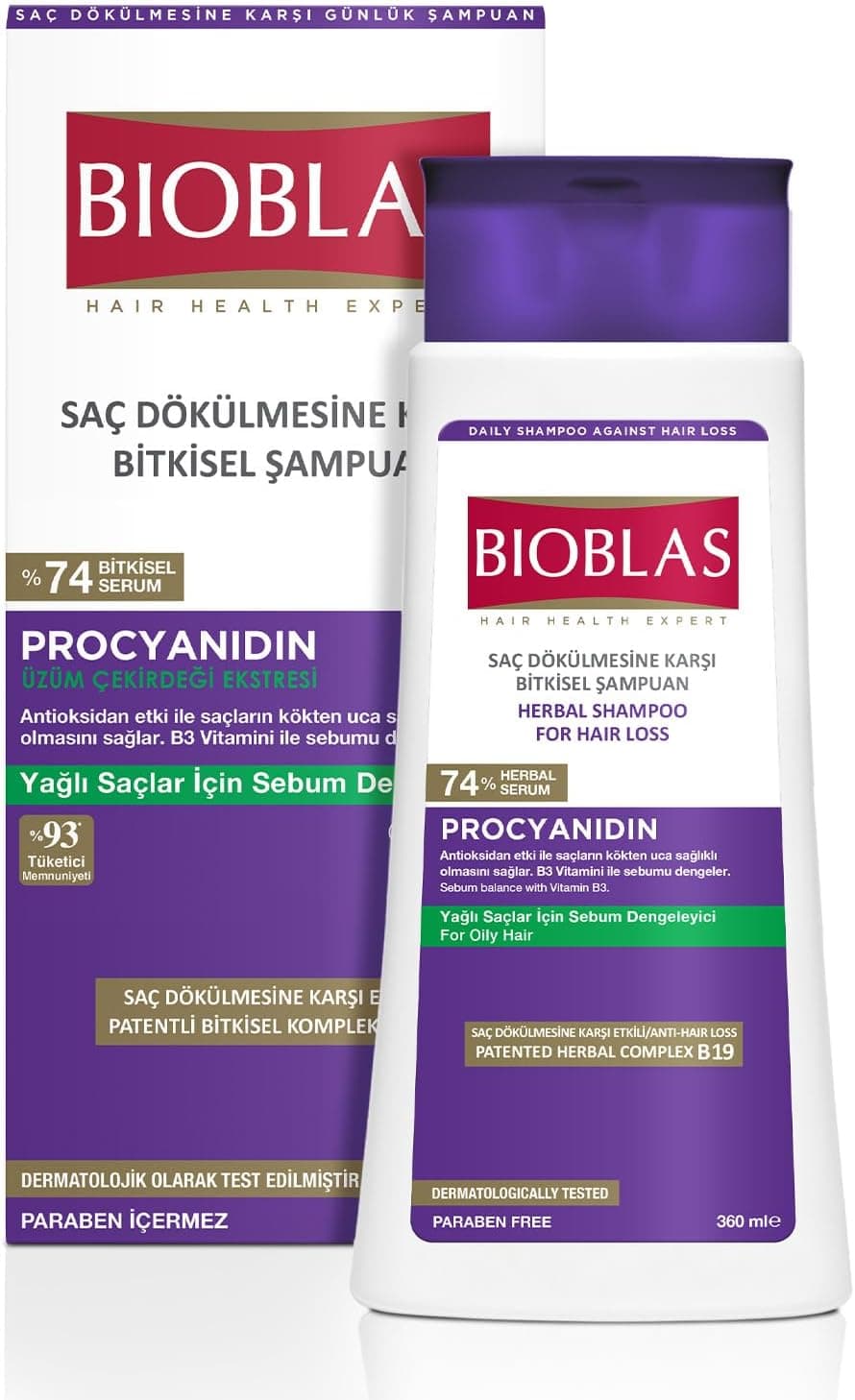 Bioblas Procyanidin Şampuan – Saç Dökülmesine Karşı, Üzüm Çekirdeği Ekstraktlı, Bitkisel Kompleks B19, Yağ Dengeleyici, 360 ml