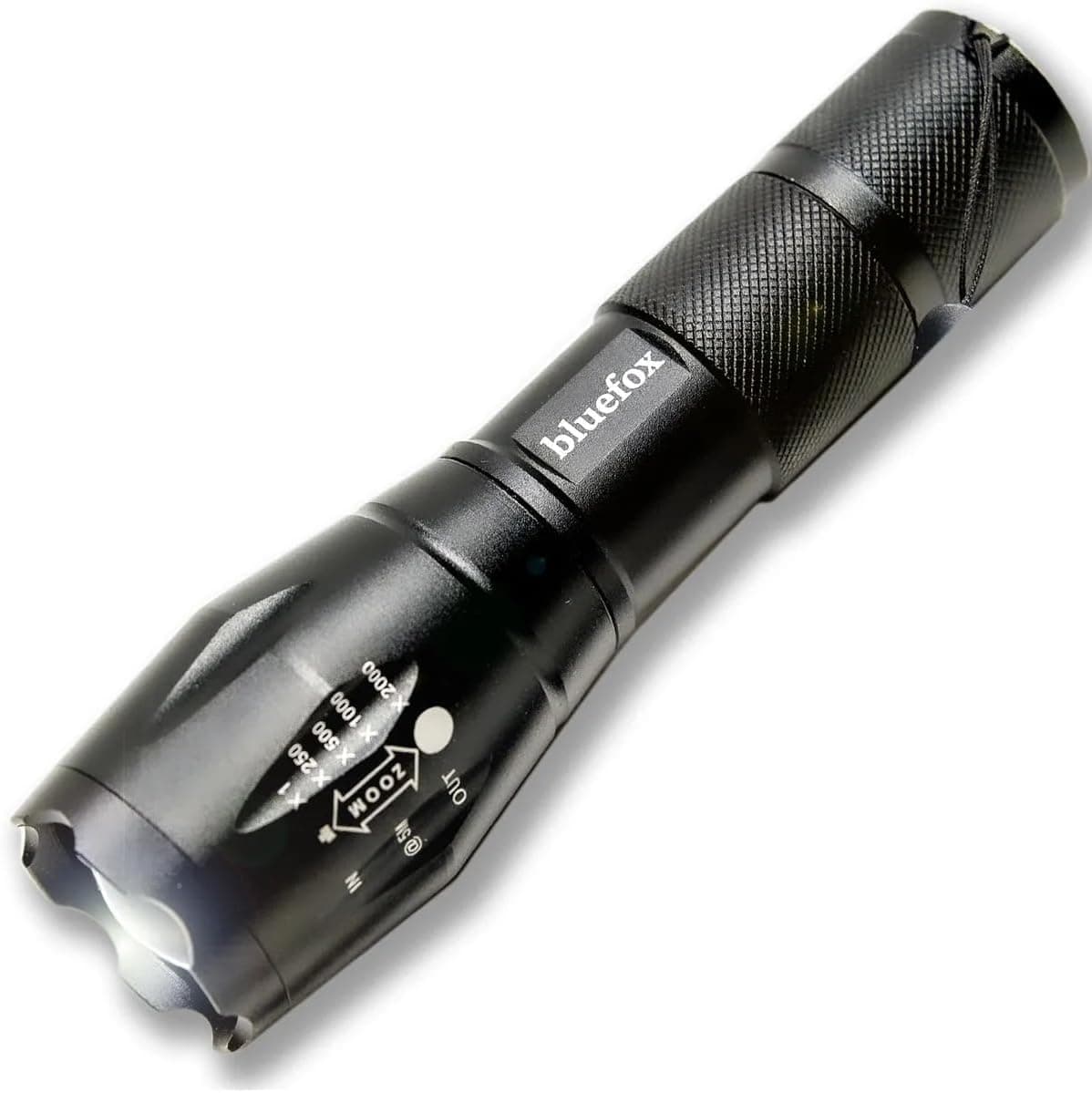 Bluefox Güçlü LED El Feneri, 10W Ultra Parlak Işık, 5 Farklı Mod, Zoom Özellikli, Dayanıklı Aluminyum Gövde