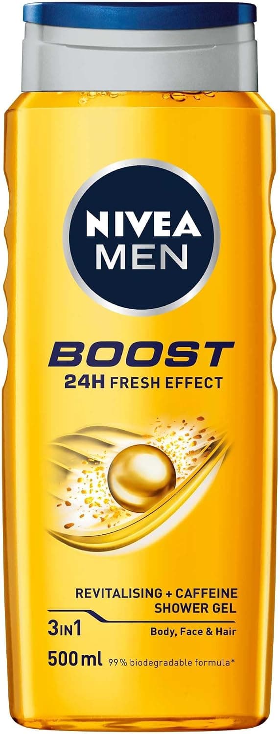 NIVEA Men Boost Duş Jeli 500 ml, 3ü 1 Arada Komple Bakım, Vücut, Saç ve Yüz için, Kafein ile Canlandırıcı Bakım
