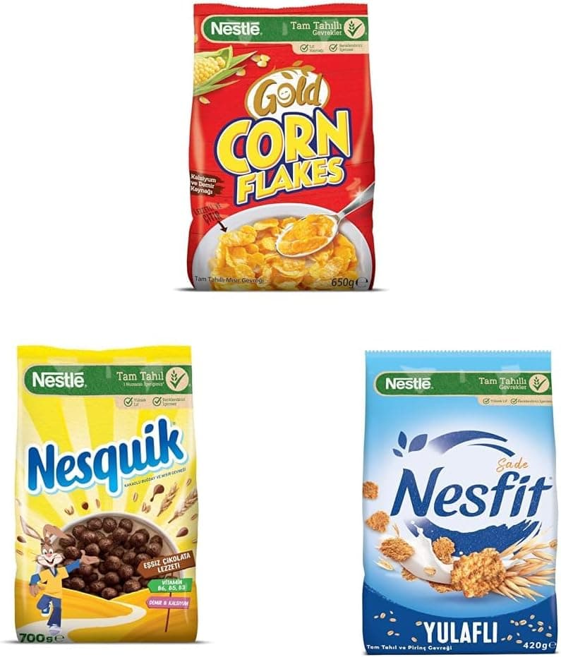 Nestlé Kahvaltılık Gevrek Paketi ( Gold Corn Flakes Mısır Gevreği, 650 g, Nesquik Kakaolu Buğday ve Mısır Gevreği, 700 g, Nesfit Sade Tam Tahıl ve Pirinç Gevreği, 420 g)