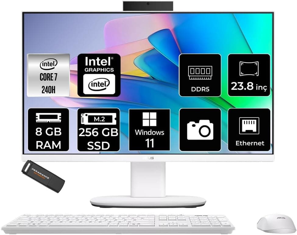 ASUS V440 Intel Core 7 240H 8GB 256GB SSD 23.8" FHD 100Hz W11H All in One Bilgisayar & PER4 USB 9964133041033