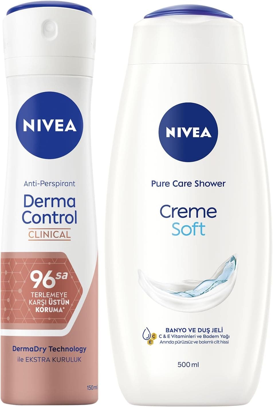 NIVEA Creme Soft Kremsi Dokunuş Banyo ve Duş Jeli 500 ml, Pro-Vitamin,Badem Yağı, Nemlendirme + NIVEA Derma Control Clinical Kadın Sprey Deodorant 150ml