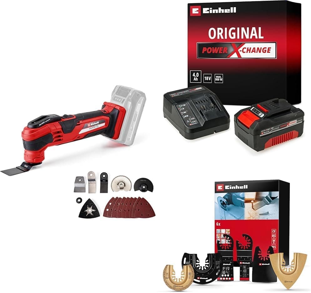 Einhell VARRITO - Solo Akülü Raspalama Makinesi + 18V 4,0 Ah PXC Starter Kit, Akü ve Şarj Cihazı + Raspalama seti 6 parça