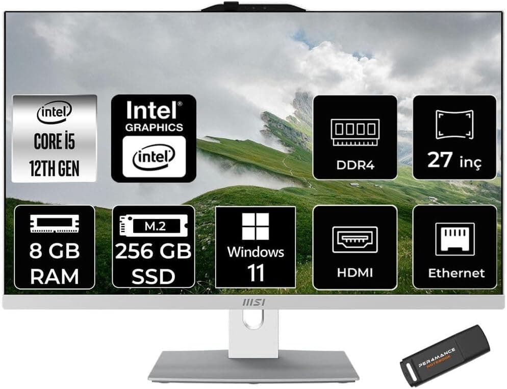 MSI Modern AM272P i5-1235U 8GB 256GB SSD 27" FHD IPS W11H All In One PC Beyaz & PER4 BELLEK
