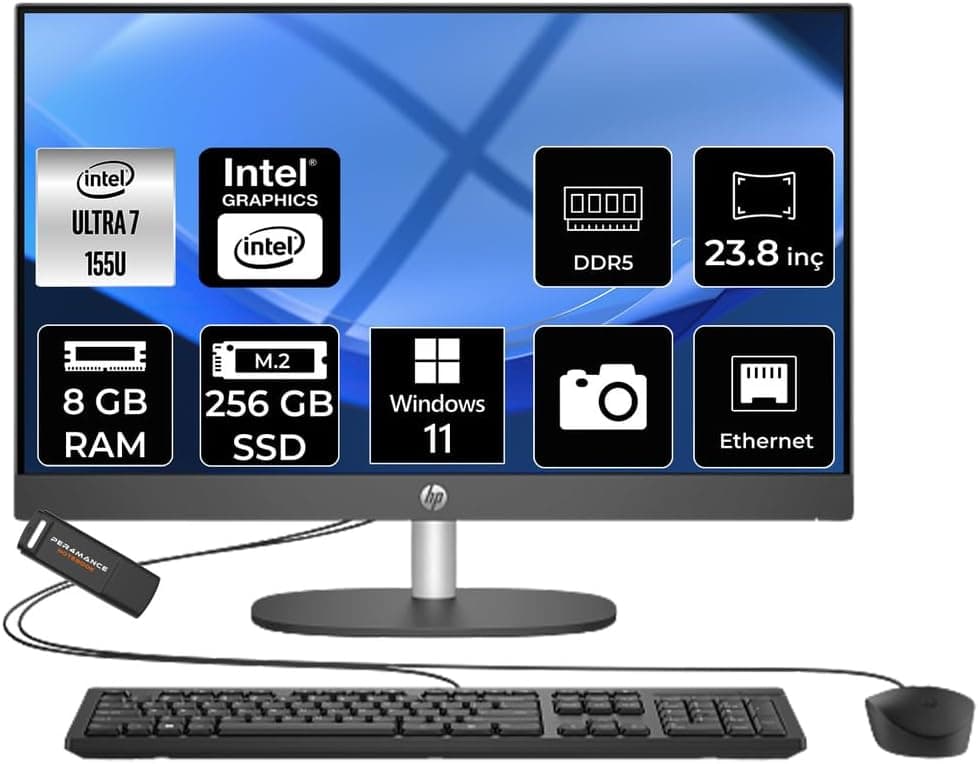 HP ProOne 240 G10 Ultra 7 155U 8GB 256GB SSD 23.8" FHD W11P All in One Bilgisayar & PER4 USB