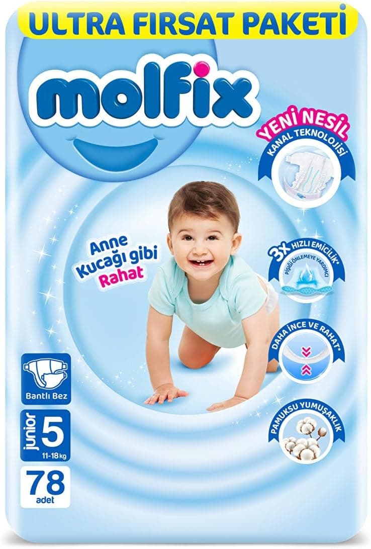 Molfix Bebek Bezi 3D Junior 5 Beden Aylık Paket 78 Adet, Beyaz