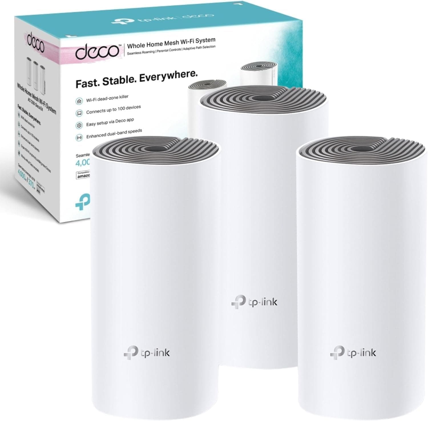 TP-Link Deco E4 3-Pack , AC1200 Mbps, Dual-Band, 10/100Mbps Portları, 100 Cihaza Kadar Bağlanılabilirlik, 370 m²ye Kadar Kapsama, Mobil Uygulama ile Kolay Kurulum, Wi-Fi 5 Mesh Sistemi