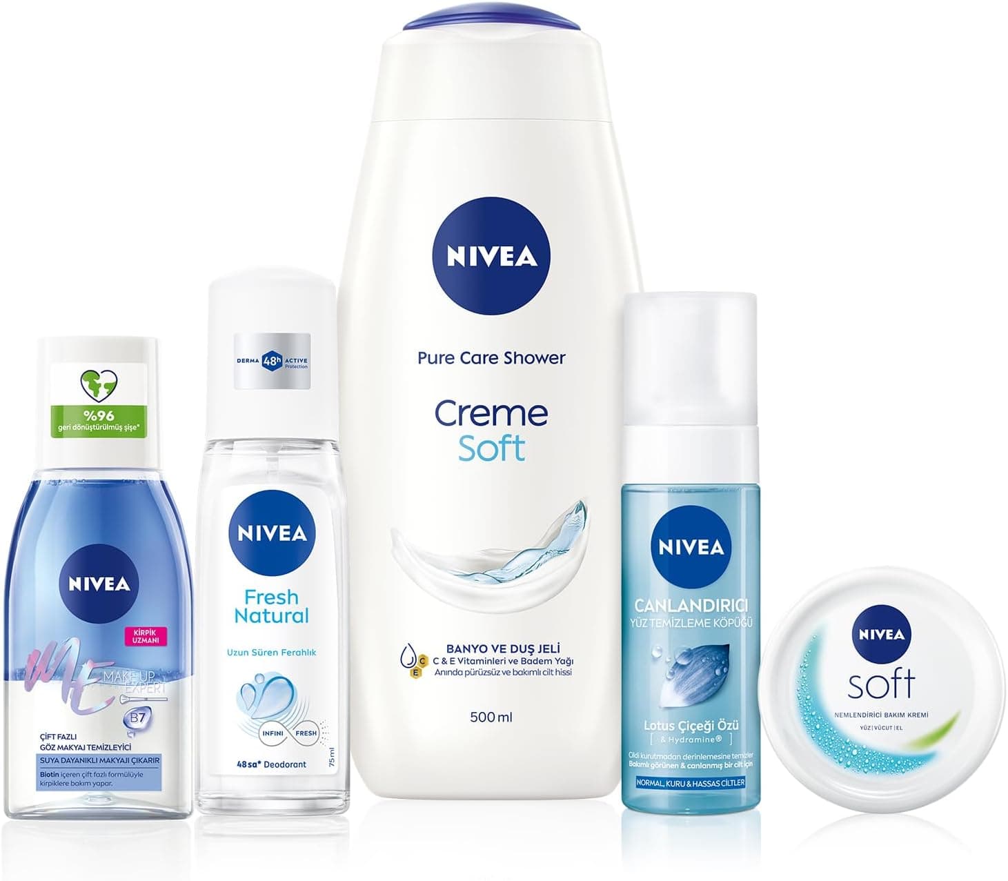 NIVEA Creme Soft Kremsi Dokunuş Duş Jeli 500 ml + Çift Fazlı Göz Makyaj Temizleyici 125 ml + Sprey Deodorant Fresh Natural 75ml +Nemlendirici Bakım Kremi 100 ml + Yüz Yıkama Köpüğü Canlandırıcı 150 ml