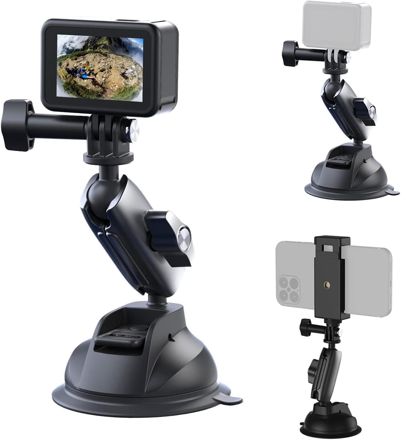 TELESIN Alüminyum Alaşımlı Araç Vantuz Montajı, Hero 13 12 11 10 9 8 DJI OSMO Action 5 Pro 4 3 Insta 360 X5 X4 Huawei iPhone Mobil Telefon Kameraları için, Telefon Tutacılı Araç Ön Cam Montajı