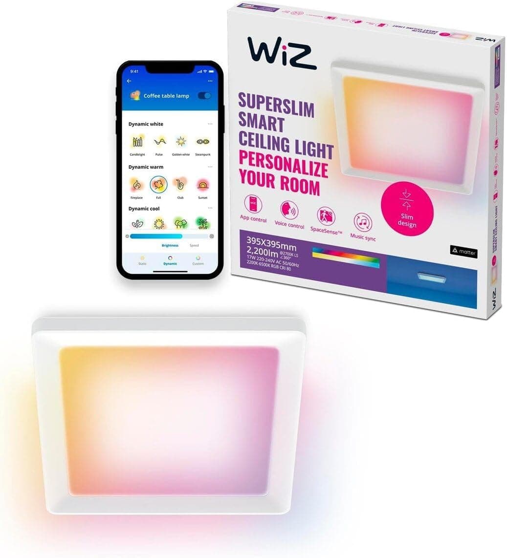 WiZ Akıllı tavan lambası, ince kare tasarım, birden fazla boyut, ses/uygulama kontrolü, zaman planlama, Google Home, Amazon Alexa ve Apple HomeKit ile çalışır, iç aydınlatma, siyah/beyaz