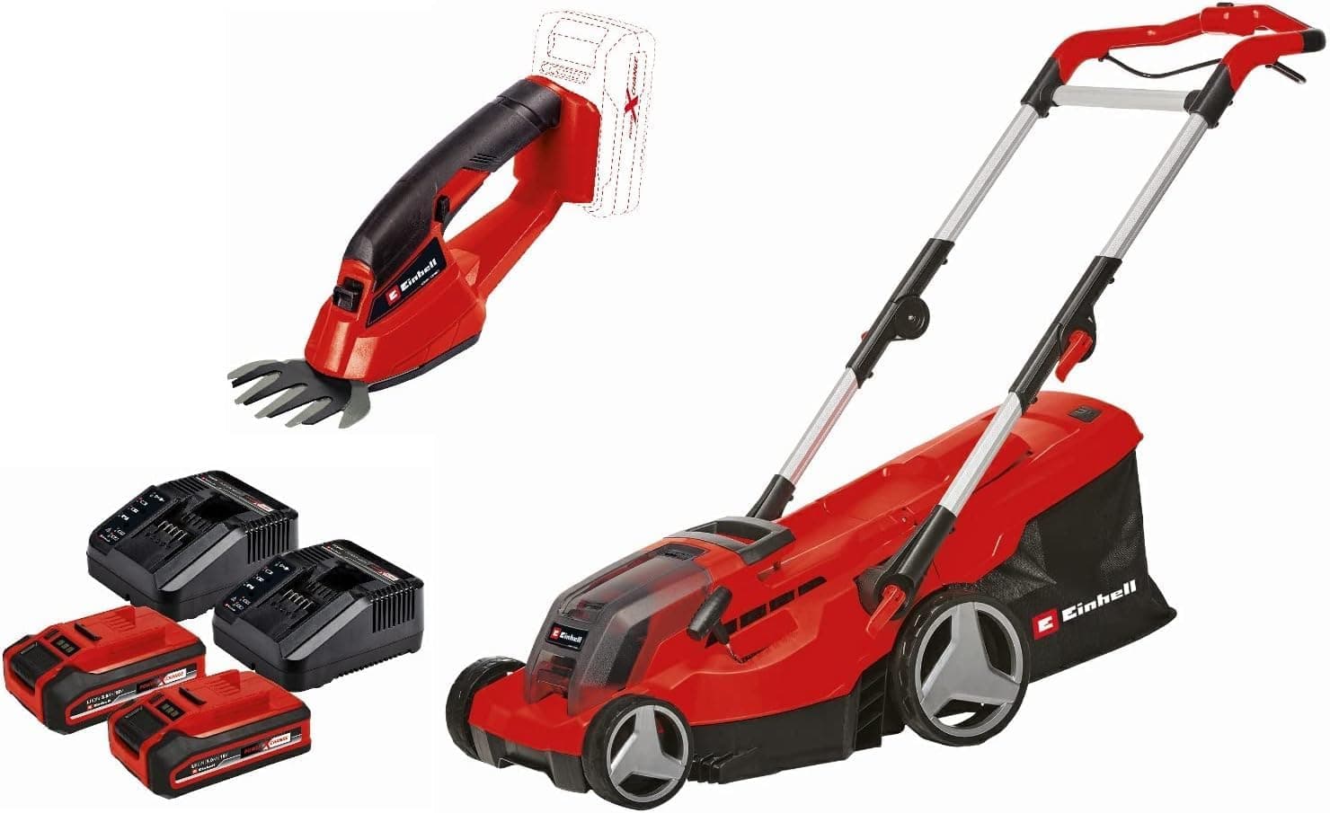 Einhell GE-CM 36/37 Li Akülü Çim Biçme Makinesi + GE-CG 18/1 Li Power X-Change Akülü Çit Budama (18V, 37 cm kesme genişliği, 2x 3,0 Ah akü ve 2x şarj cihazı dahildir) - 3413173