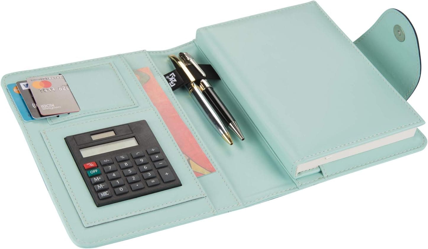2K 5198 Ajanda Tarihsiz Kareli 14X20 cm Ajanda/Defter Hesap Makineli Suni Deri Organizer, Su Yeşili