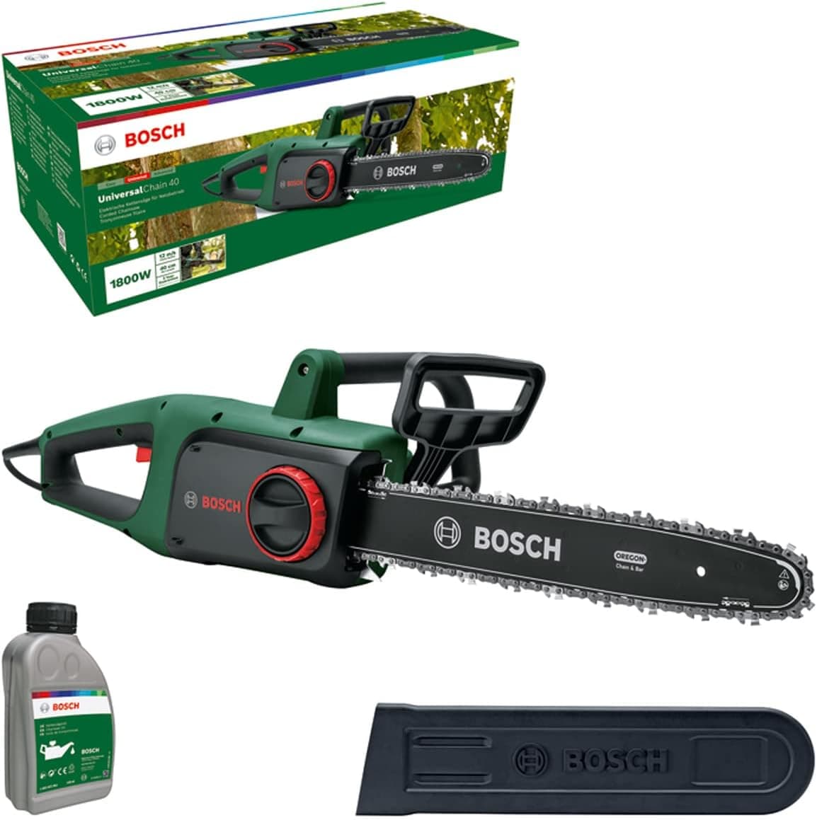 Bosch Home and Garden Zincirli ağaç kesme makinesi UniversalChain 40 (1800 W, hafif: 4,3 kg, zincir hızı: 12 m/sn, zincirli ağaç kesme makinesi yağı dahil, karton ambalajda)