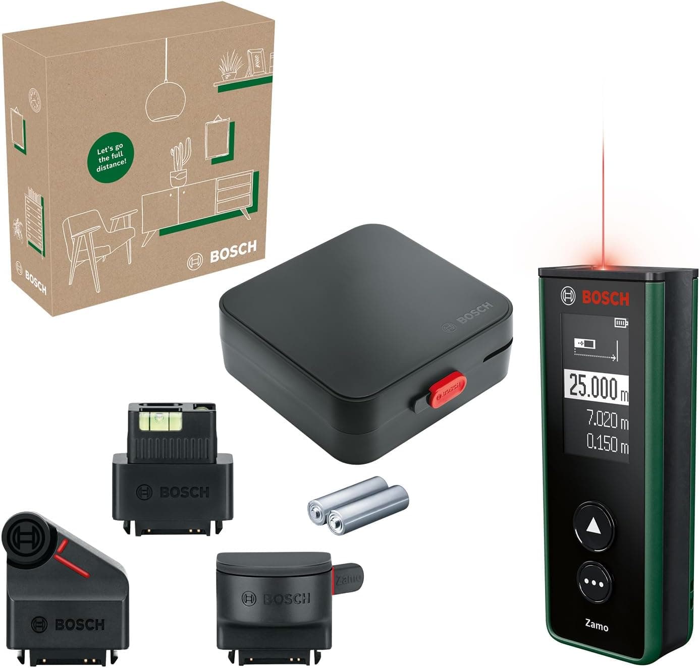 Bosch Home & Garden Zamo Set Lazerli Uzaklık Ölçer (25m Çalışma Alanı, 4 sn. Ölçme Süresi, 2 x AA Pil, Çizgi Adaptörü, Tekerlek Adaptörü, Şerit Adaptörü, Saklama Kutusu)
