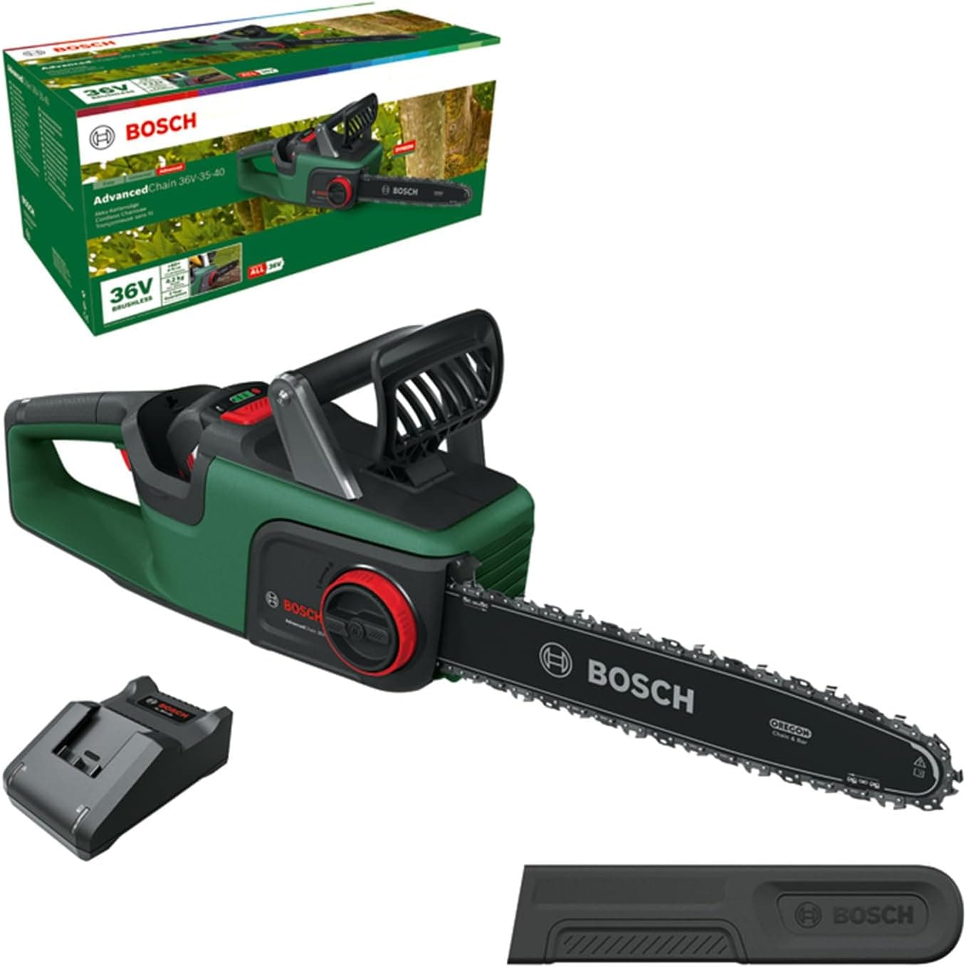 Bosch Home and Garden akülü zincir testeresiAdvancedChain 36V3540 (sert ahşap kesmek için; 36 Volt sistem; zincir hızı: 14 m/s; 1 x 2 Ah pil ve şarj cihazı)