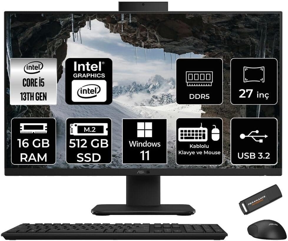 ASUS V470 i5 13420H 16GB 512GB SSD 27" FHD 100Hz W11H All in One Bilgisayar Siyah & PER4 USB Bellek