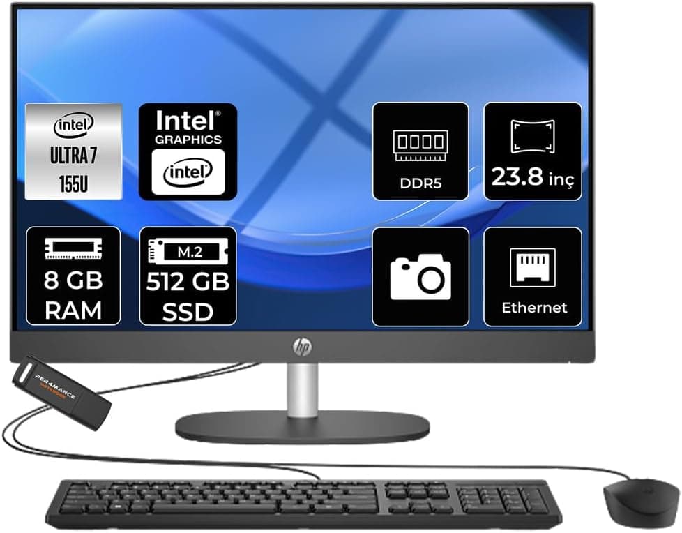 HP ProOne 240 G10 Ultra 7 155U 8GB 512GB SSD 23.8" FHD FDOS All in One Bilgisayar & PER4 USB