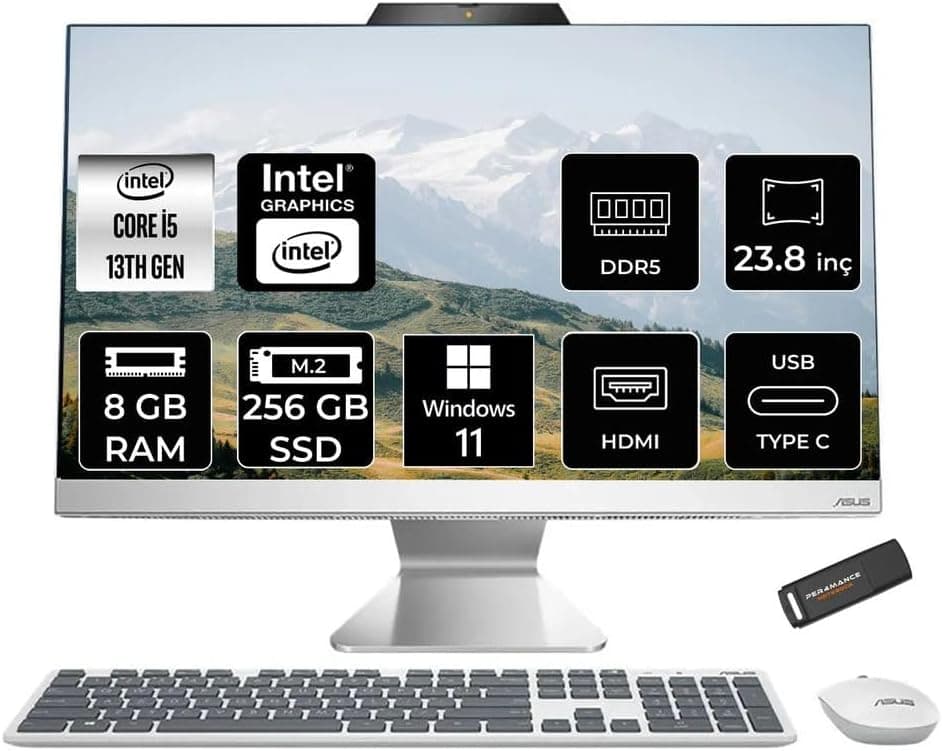 ASUS A3402WVAK i5 1335U 8GB DDR5 256GB SSD Intel Graphics 23.8" FHD W11P Beyaz All in One & PER4