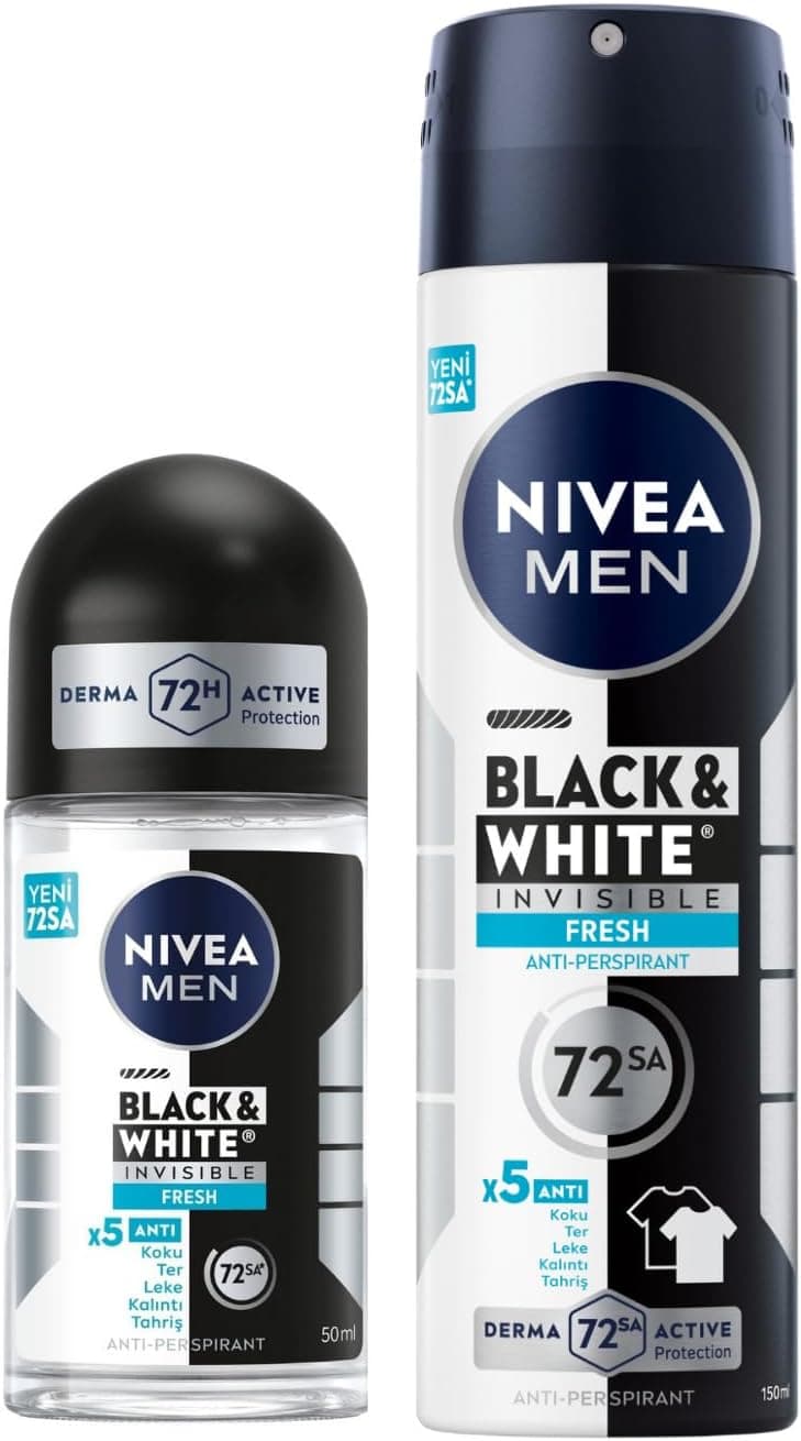 NIVEA Men Erkek Sprey Deodorant Black&White Invisible Fresh 48 Saat Anti-Perspirant Koruma (150 ml) + NIVEA Men Erkek Roll On Deodorant Black&White Invisible Fresh 48 Saat Anti-Perspirant Koruma,50 ml