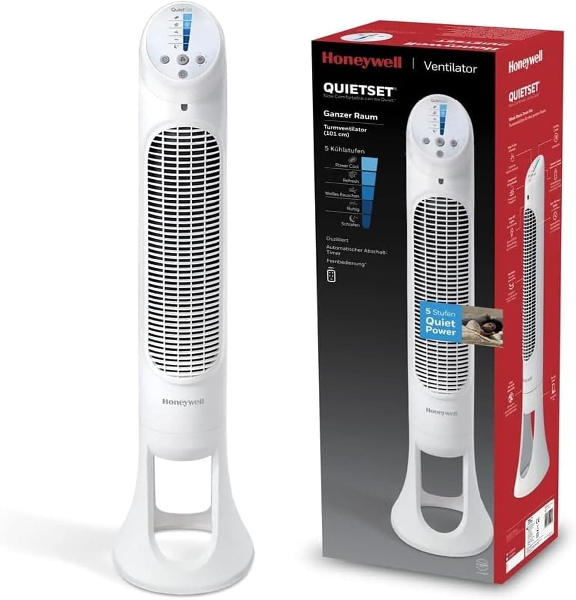 HONEYWELL QuietSet HYF260 Tüm Oda İçin Salınımlı Kule Vantilatör, 5 Hız Ayarı, 80 Derece Salınım, Zamanlayıcı Fonksiyonu, Aydınlatma, Otomatik Kapanma, Uzaktan Kumanda