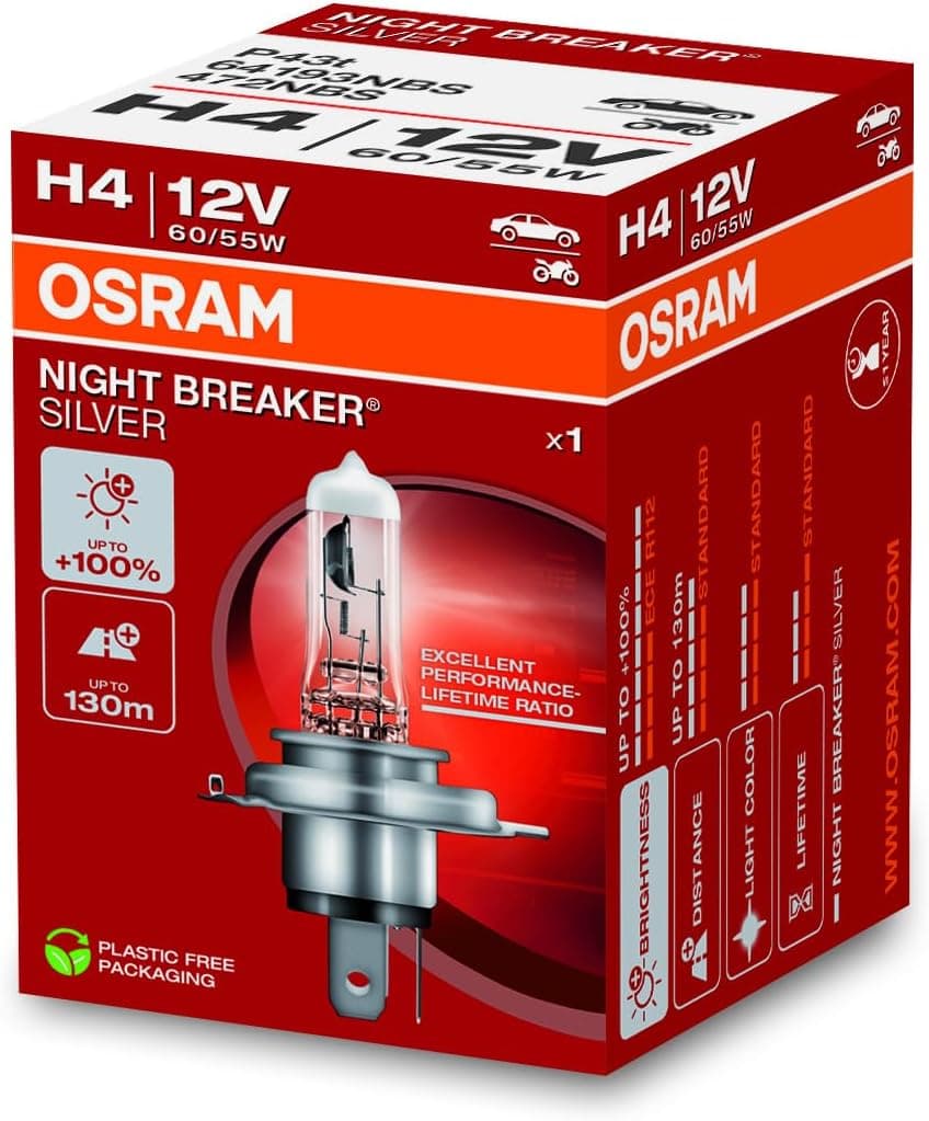 Osram Ampul Night Breaker Silver H4 12V 60/55W%100ye kadar Fazla Işık 130Mye kadar Fazla Görüş Açısı 64193NBS [Enerji Sınıfı A]