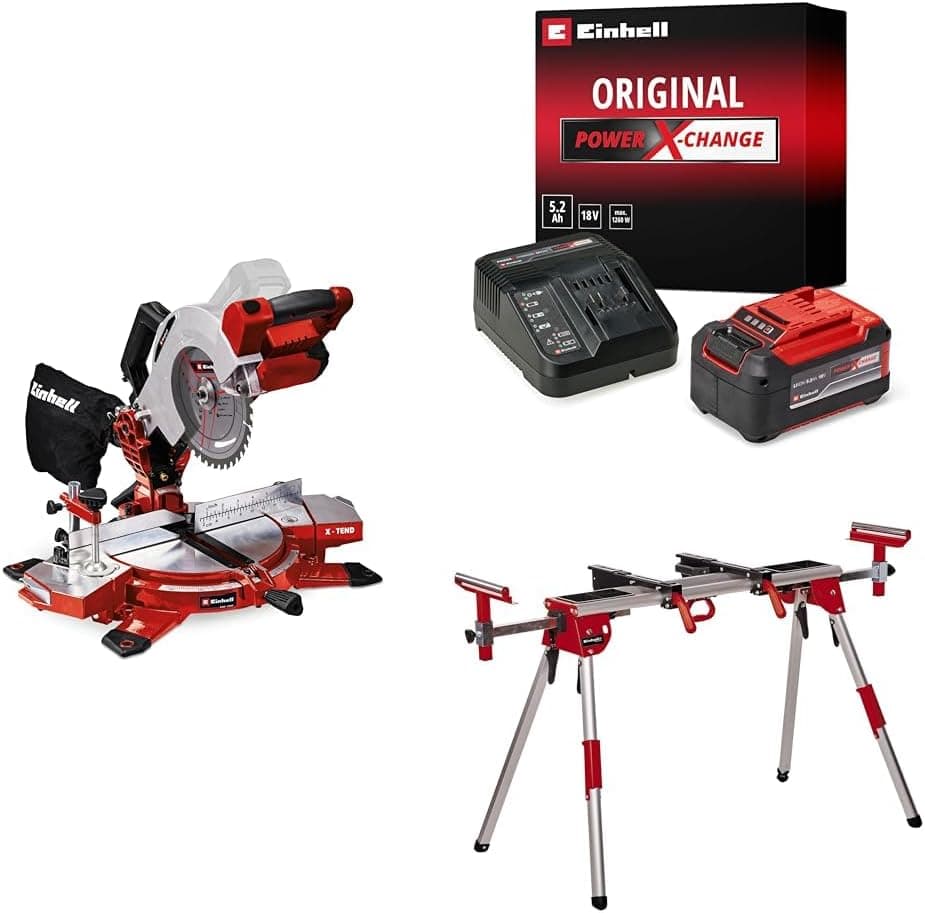 Einhell TE-MS 18/210 Li - Solo Akülü Gönye Testere + 18V 5,2 Ah PXC Starter-Kit (Başlangıç Seti), Akü ve Şarj Cihazı + MSS 1610, Gönye Kesme Standı