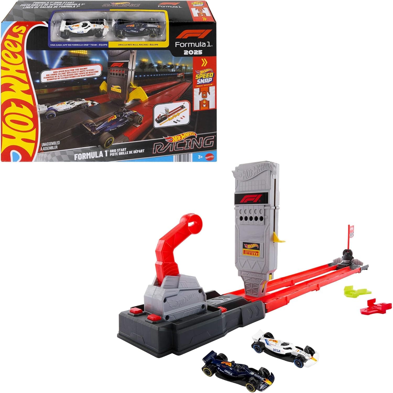 Hot Wheels F1 Hızlı Başlangıç Pisti- Yenilenen Arabalar, 1:64 ölçekli Oracle Red Bull Racing ve Visa Cash App Racing Bulls Formula 1 Takımı araçları, JNN35
