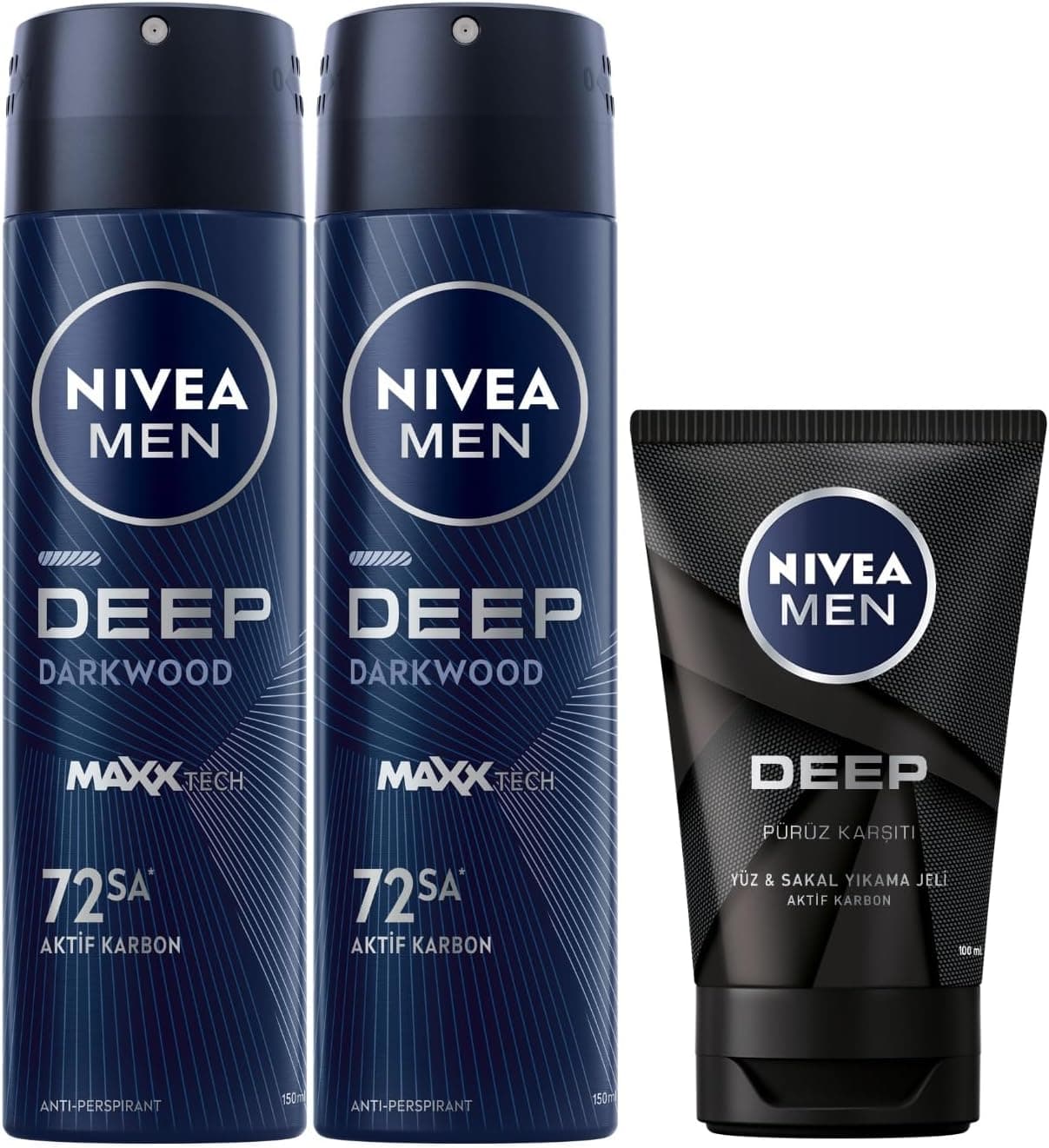 NIVEA Men Deep Dimension Yüz ve Sakal Temizleme Jeli, 100 ml, Aktif Karbon İçeriği ile Cildi Arındırır + NIVEA Men Erkek Sprey Deodorant Deep Dimension 48 Saat Anti-perspirant, 150 ml X2