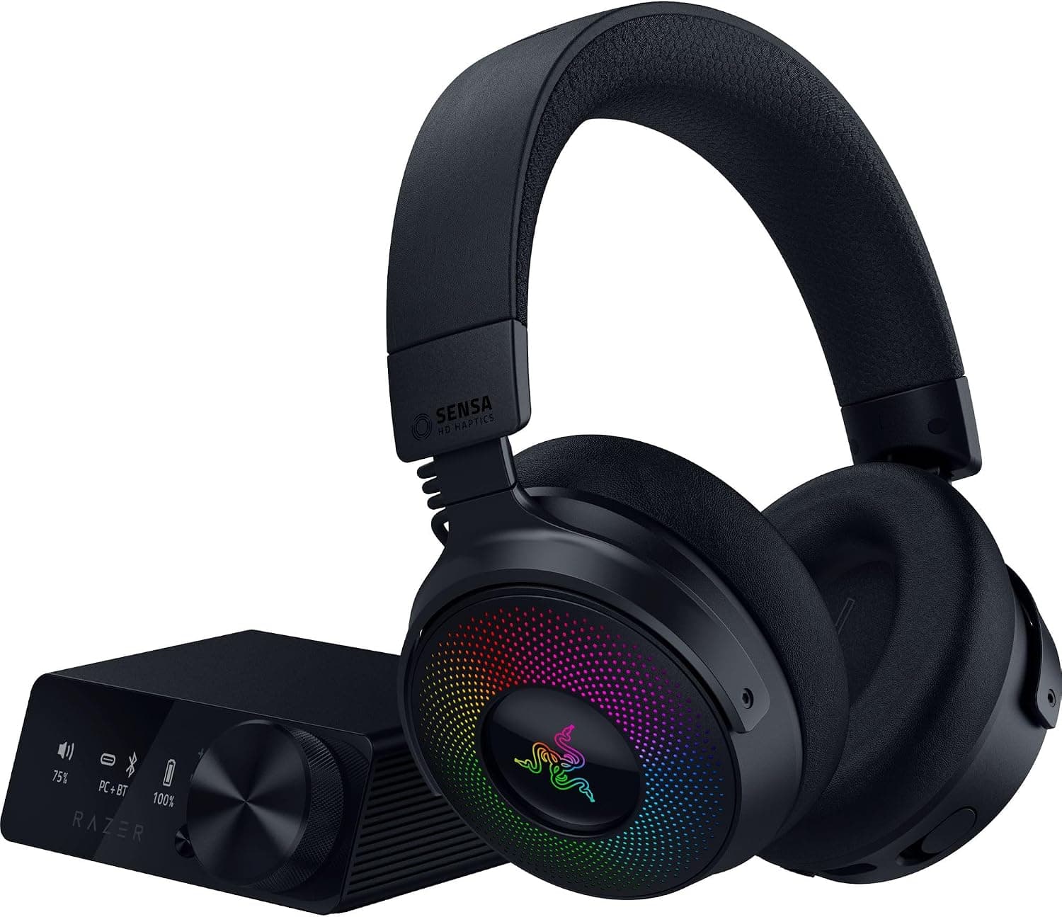 Razer Kraken V4 Pro - Kontrol hublı kablosuz oyun kulaklığı - Sensa HD haptikler (OLED kontrol hubı, TriForce 40mm sürücüler, HyperSpeed & Bluetooth, THX Audio) Siyah