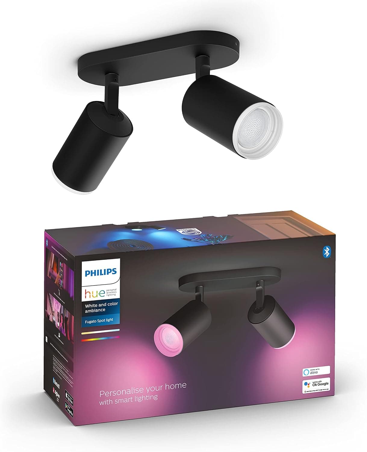 Philips Hue Fugato Çift Spot Renkli Akıllı Led Armatür, Siyah, 2x4.2W - 25.000 Saat Ampul Kullanım Ömrü