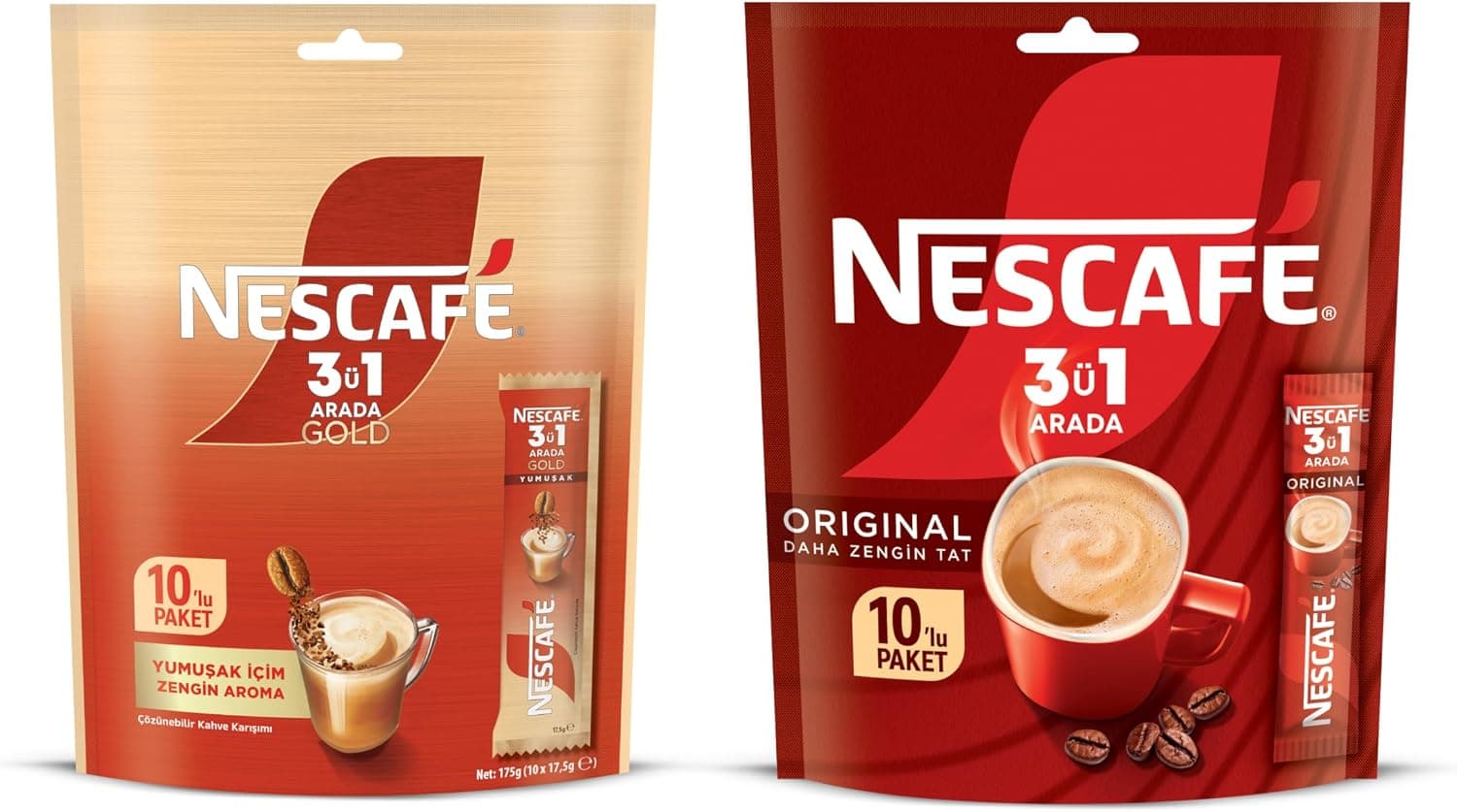 Nescafe 3ü1 Arada Gold Yumuşak 10lu Paket & Nescafe 3ü1 Arada Original 10lu Paket