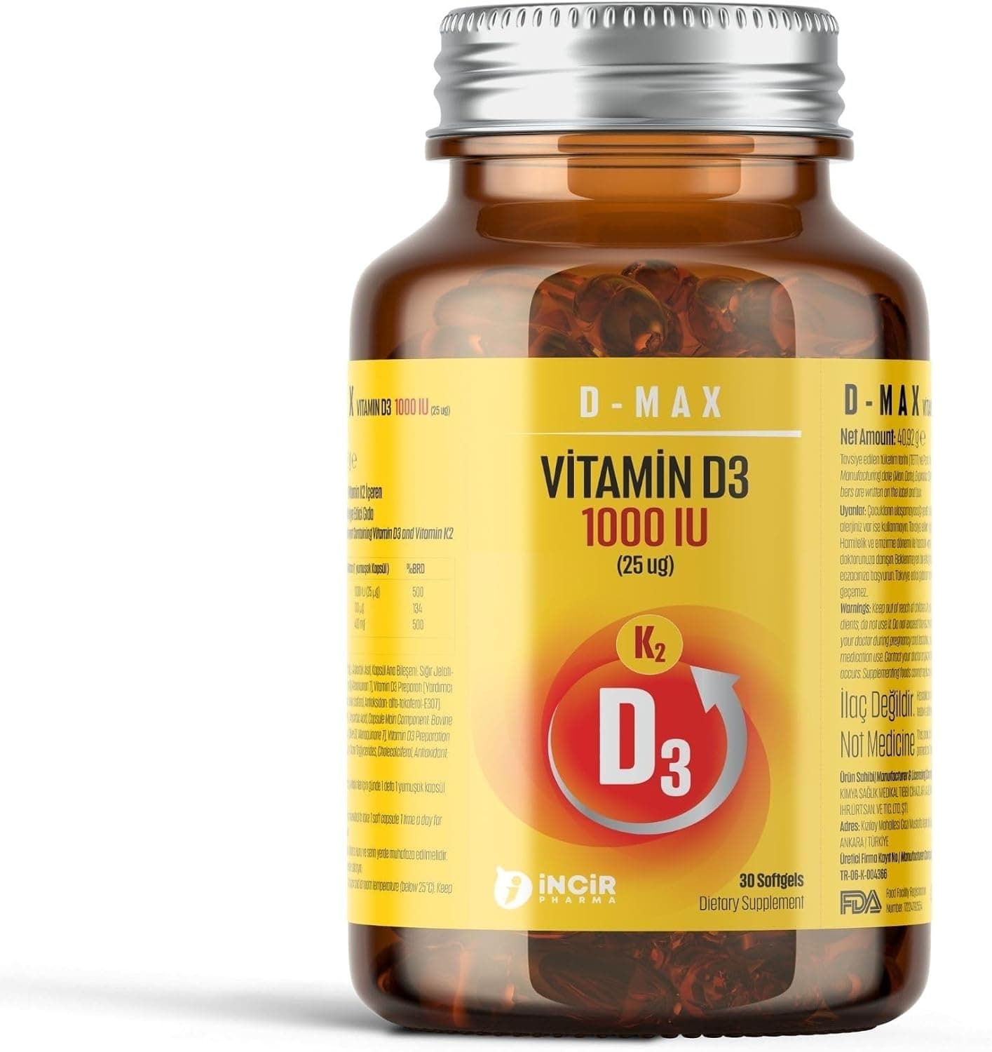 İncir Pharma D-Max D3K2 + C Vitamini 30 Softjel Kapsül