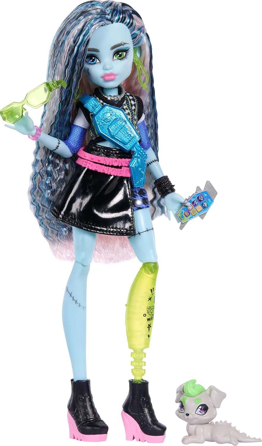 Monster High - Bebek, Frankie Stein göbeği açık kazak ve siyah deri etek köpek Watzie ve kulaklık, kemer çantası ve atıştırmalıklar gibi 7 aksesuar parçası, JHK31