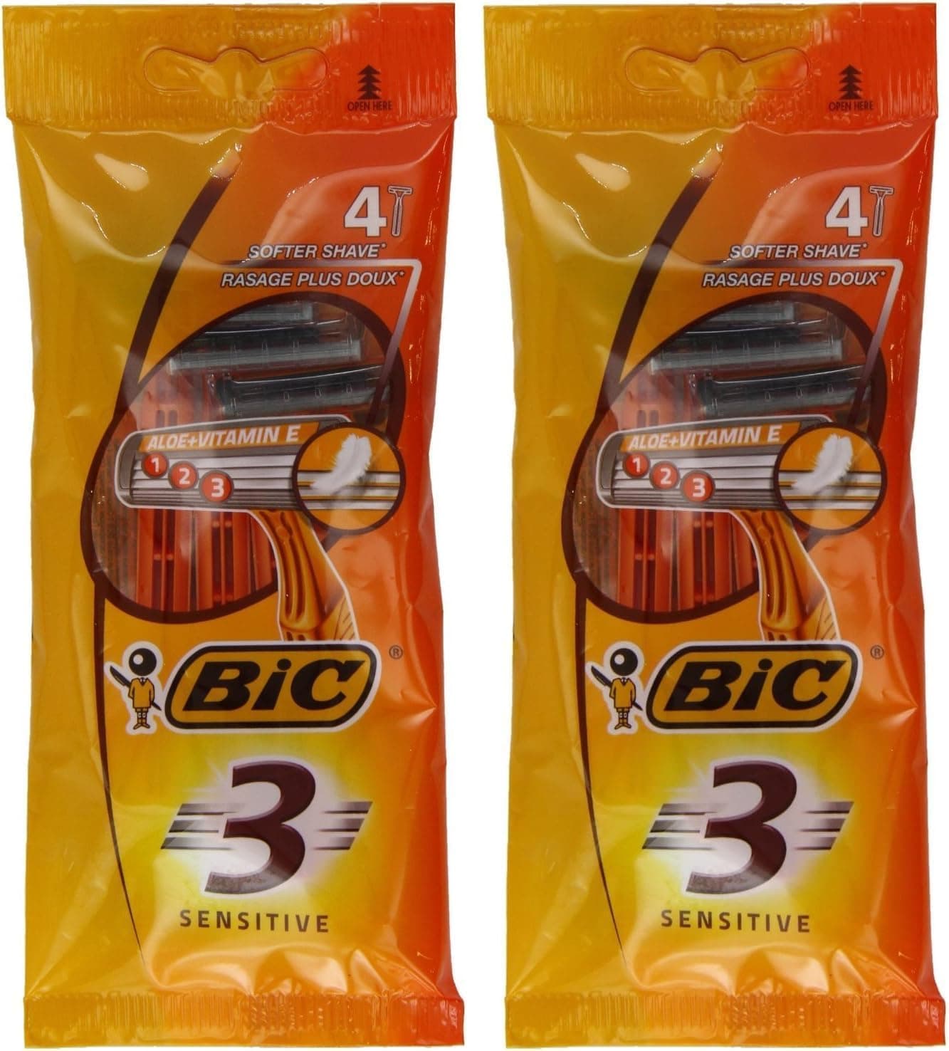 BIC 3 Sensitive Erkek Tıraş Bıçağı 4lü Poşet (1 x 4 Adet), 3 Bıçaklı, Aloe Vera ile Zenginleştirilmiş Kayganlaştırıcı Jel Şerit 2li paket
